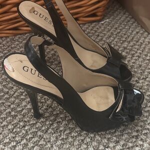 GUESS Black Patent Peep-Toe Slingback Heels with Bow
